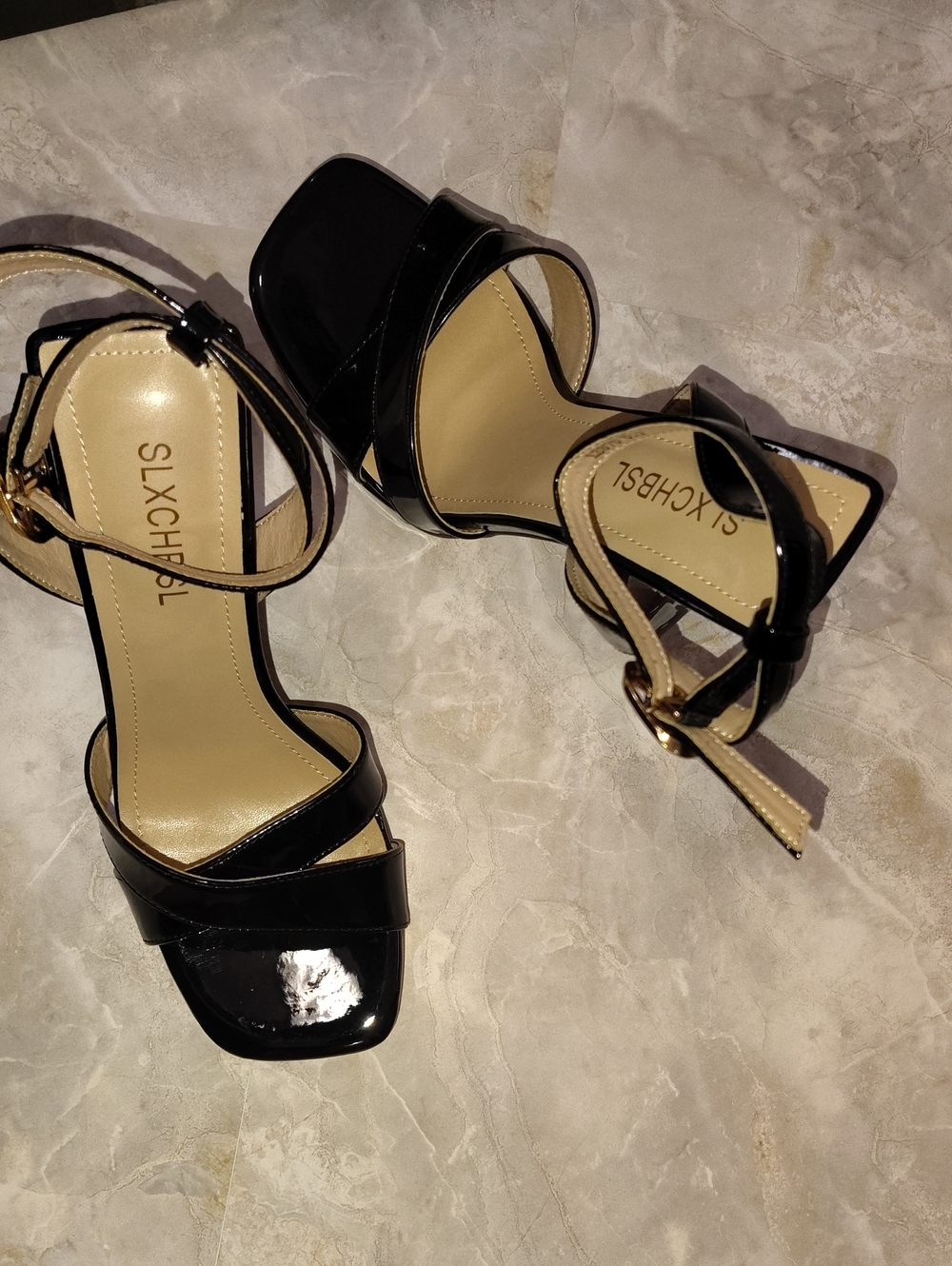 Black Patent Ankle-Strap Heels